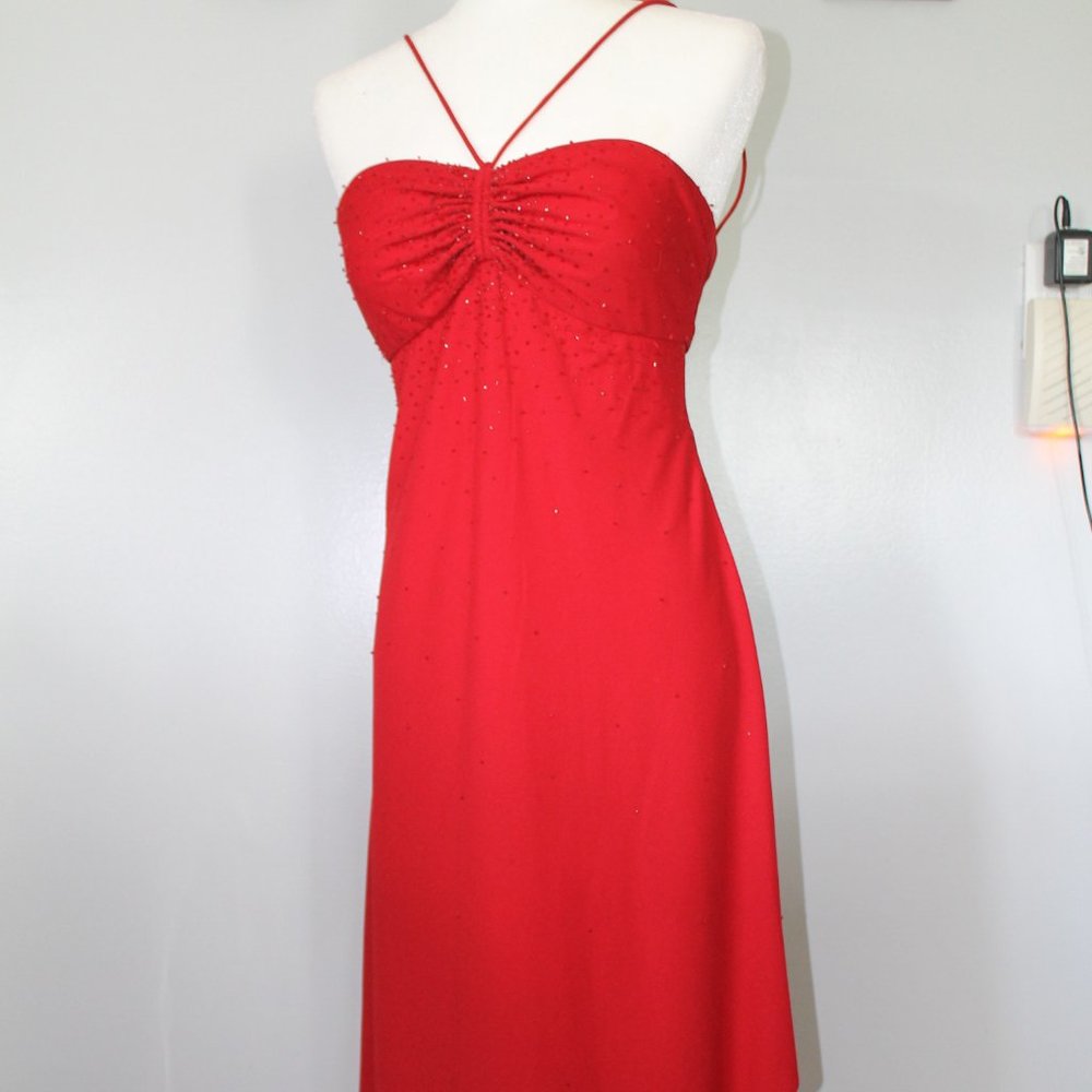 De Laru Red Beaded High-Low Formal Dress